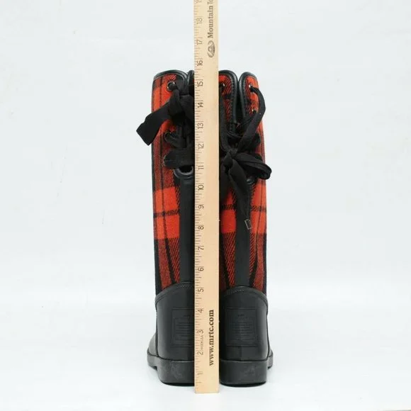 Coach Tristee Rain Boots Red Black Buffalo Plaid Tartan Womens 6B Lace Up Rubber - Picture 8 of 9